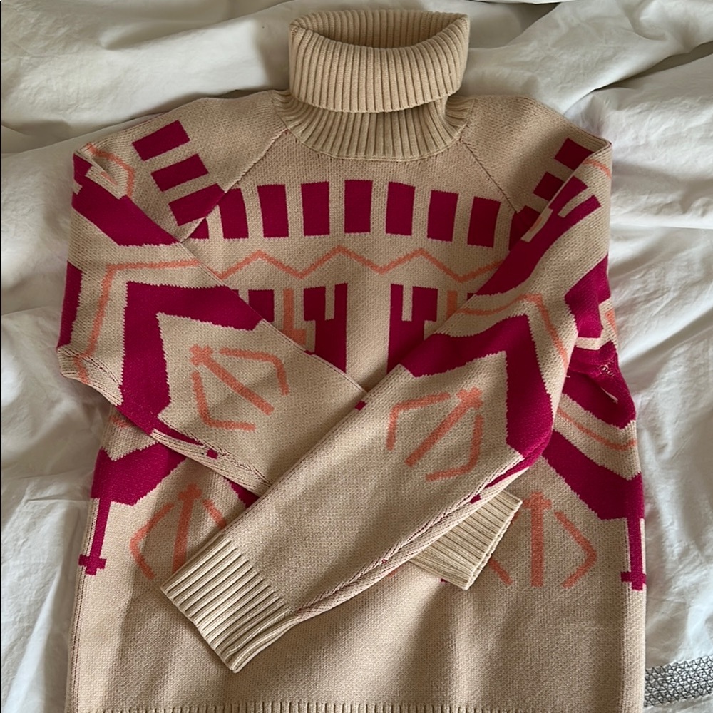 Beige and Pink Geometric Turtleneck Sweater